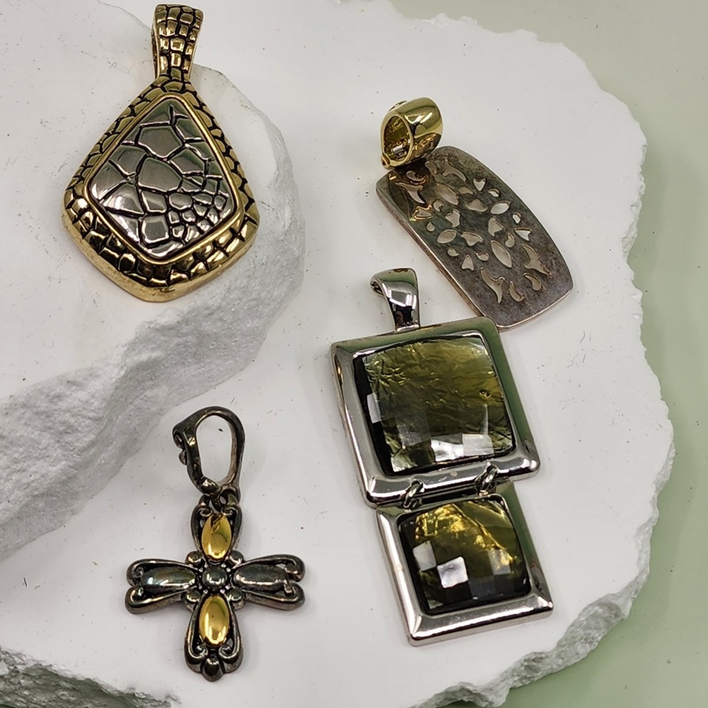 Lia Sophia Mixed 4 Flux Pendants Two Tone Green Stone Cross Filigree Statement